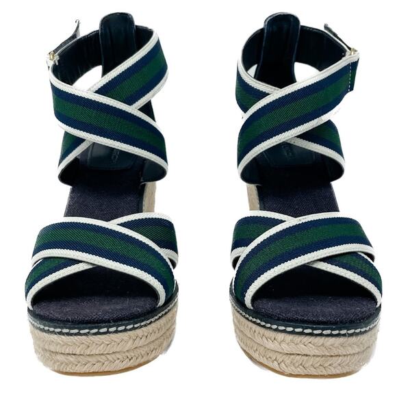 Tory Burch Frieda Green Navy White Stripe Canvas Leather Espadrilles size 9.5 - Picture 3 of 13